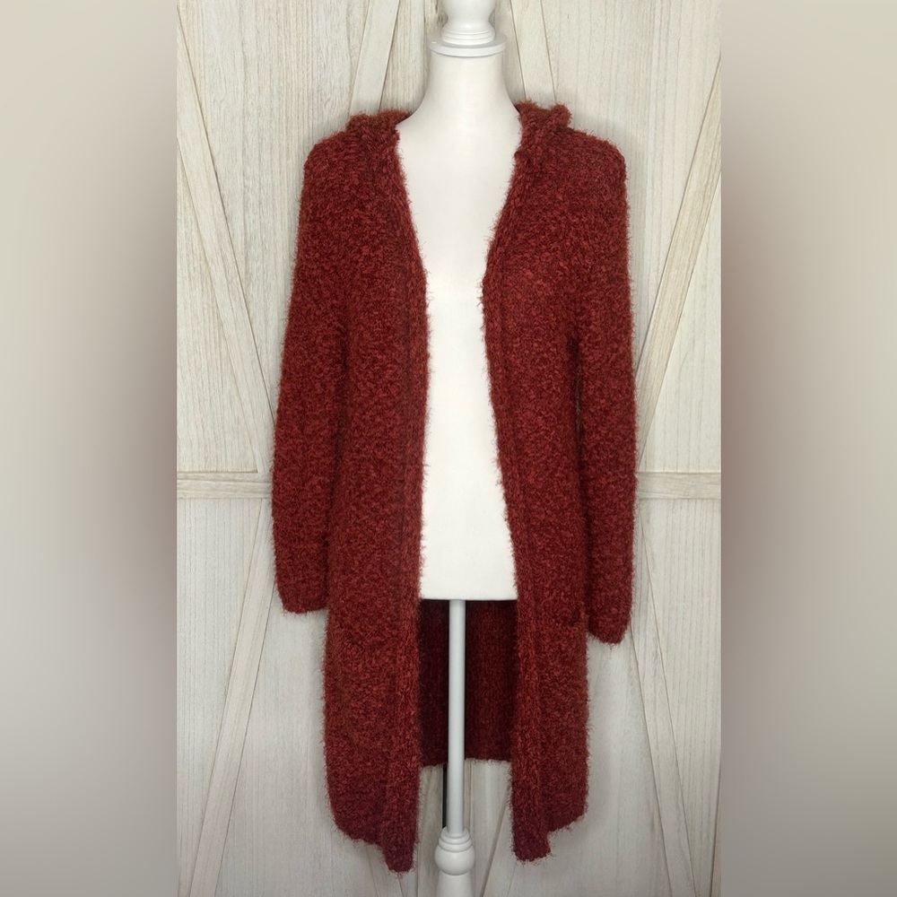 Poof Apparel Rust duster open front cardigan sz L with hood cozy sweater Y2K EUC - Picture 5 of 12
